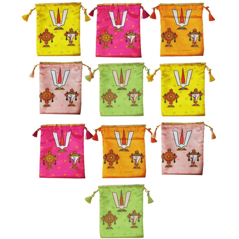 7197 Pack of 10 - Shank Chakra Namam Design Potli Bags - Fabric Potli Bags